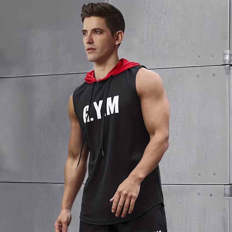 2024 New Men'S Sleeveless Hooded Bottom Shirt Fitness Sports Tops Fashion Casual Loose Hoodie Running Fitness Men'S Tank Top