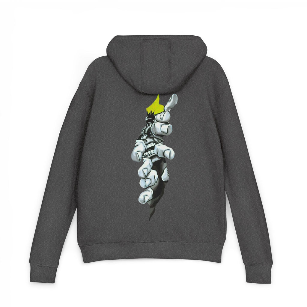 Graphic Hoodie — Stylized Robotic Hand Back Print, Minimal Chest Logo
