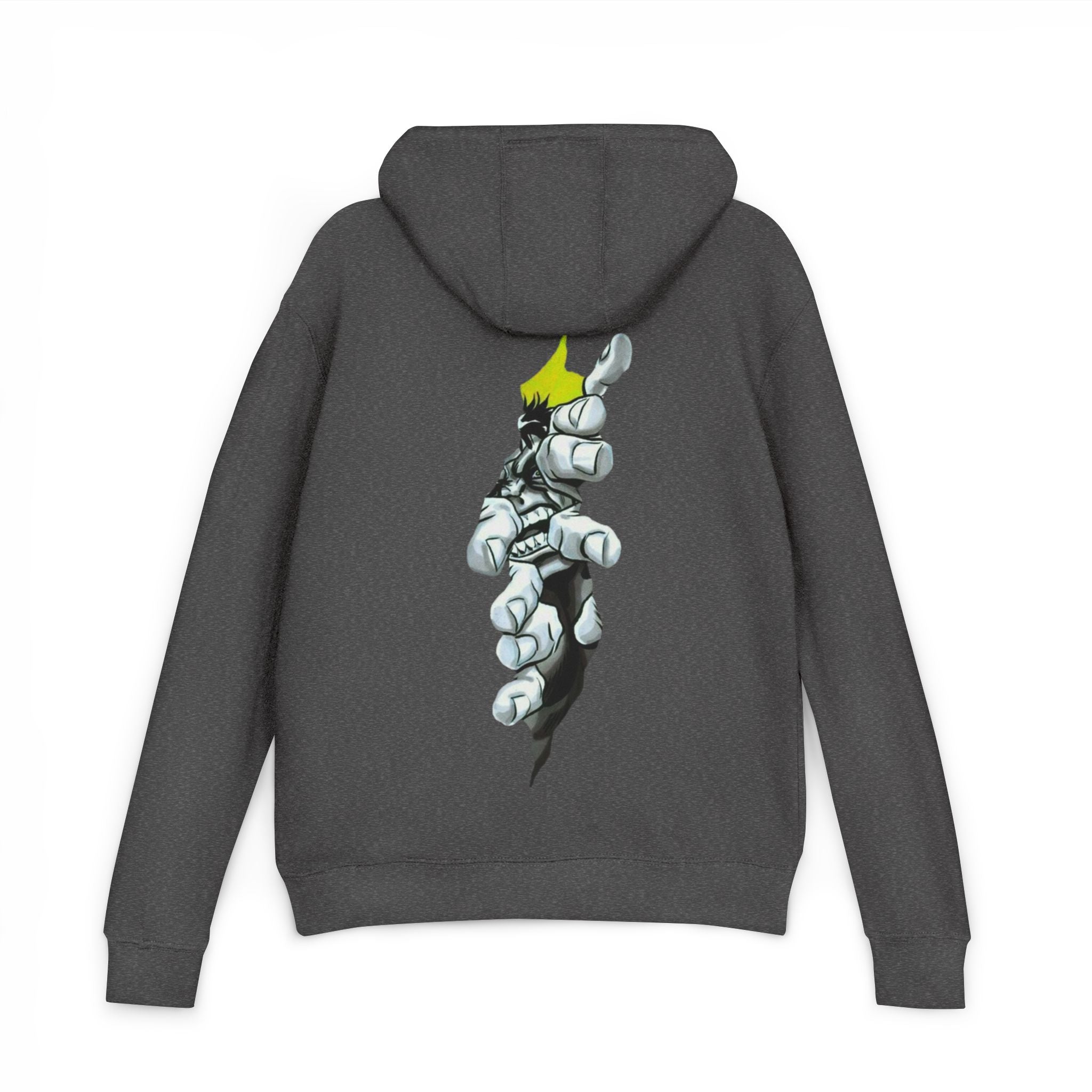 Graphic Hoodie — Stylized Robotic Hand Back Print, Minimal Chest Logo
