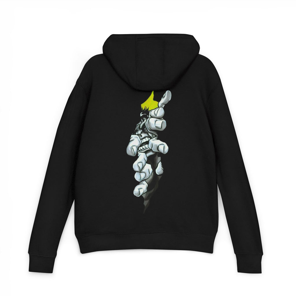 Graphic Hoodie — Stylized Robotic Hand Back Print, Minimal Chest Logo