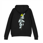 Graphic Hoodie — Stylized Robotic Hand Back Print, Minimal Chest Logo