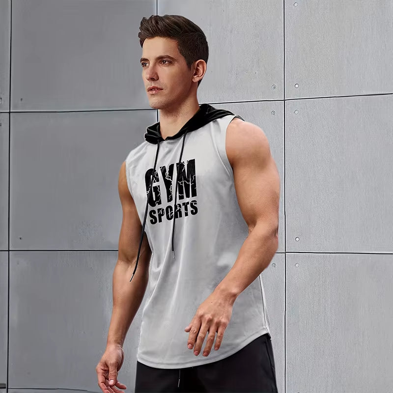 2024 New Men'S Sleeveless Hooded Bottom Shirt Fitness Sports Tops Fashion Casual Loose Hoodie Running Fitness Men'S Tank Top