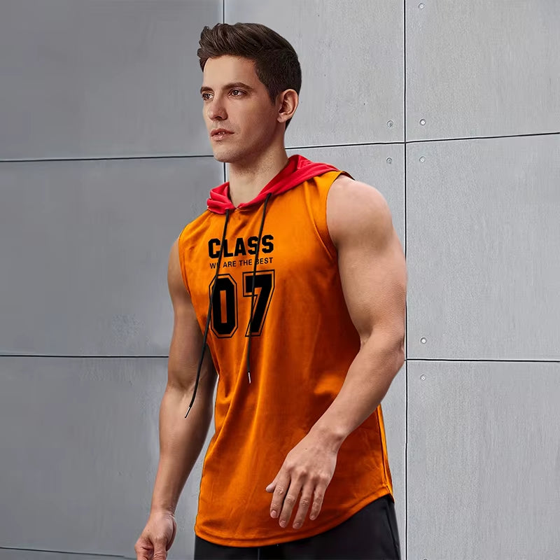2024 New Men'S Sleeveless Hooded Bottom Shirt Fitness Sports Tops Fashion Casual Loose Hoodie Running Fitness Men'S Tank Top