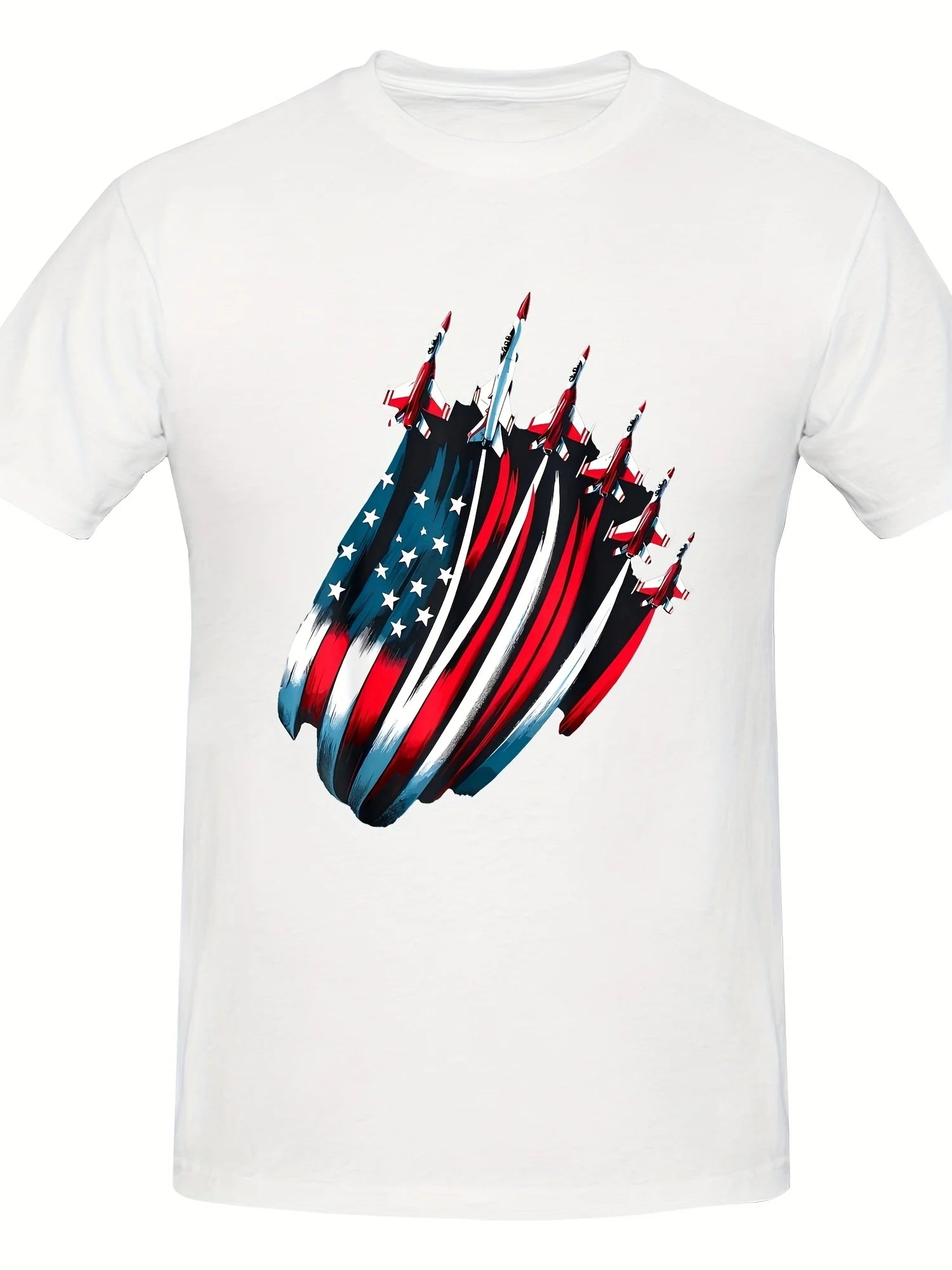 Men's Patriotic USA Flag Fighter Jets 4th of July T-Shirt - 100% Cotton 180gsm Relaxed Fit Casual Tee with Stars