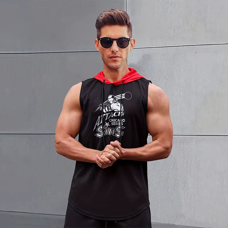 2024 New Men'S Sleeveless Hooded Bottom Shirt Fitness Sports Tops Fashion Casual Loose Hoodie Running Fitness Men'S Tank Top