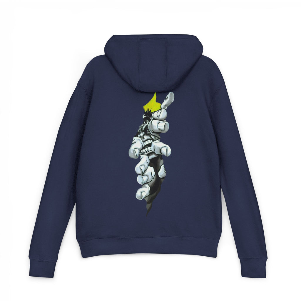 Graphic Hoodie — Stylized Robotic Hand Back Print, Minimal Chest Logo