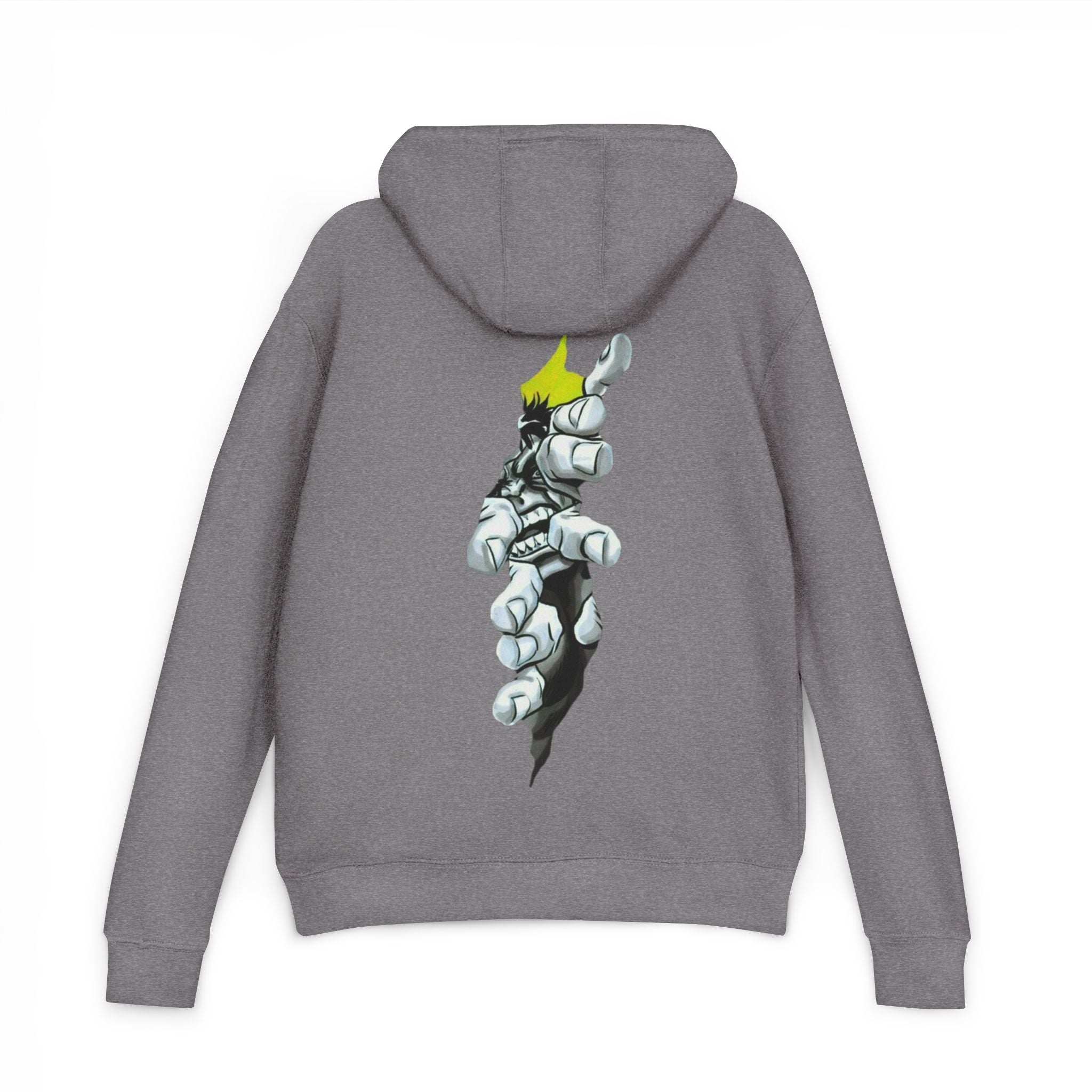 Graphic Hoodie — Stylized Robotic Hand Back Print, Minimal Chest Logo