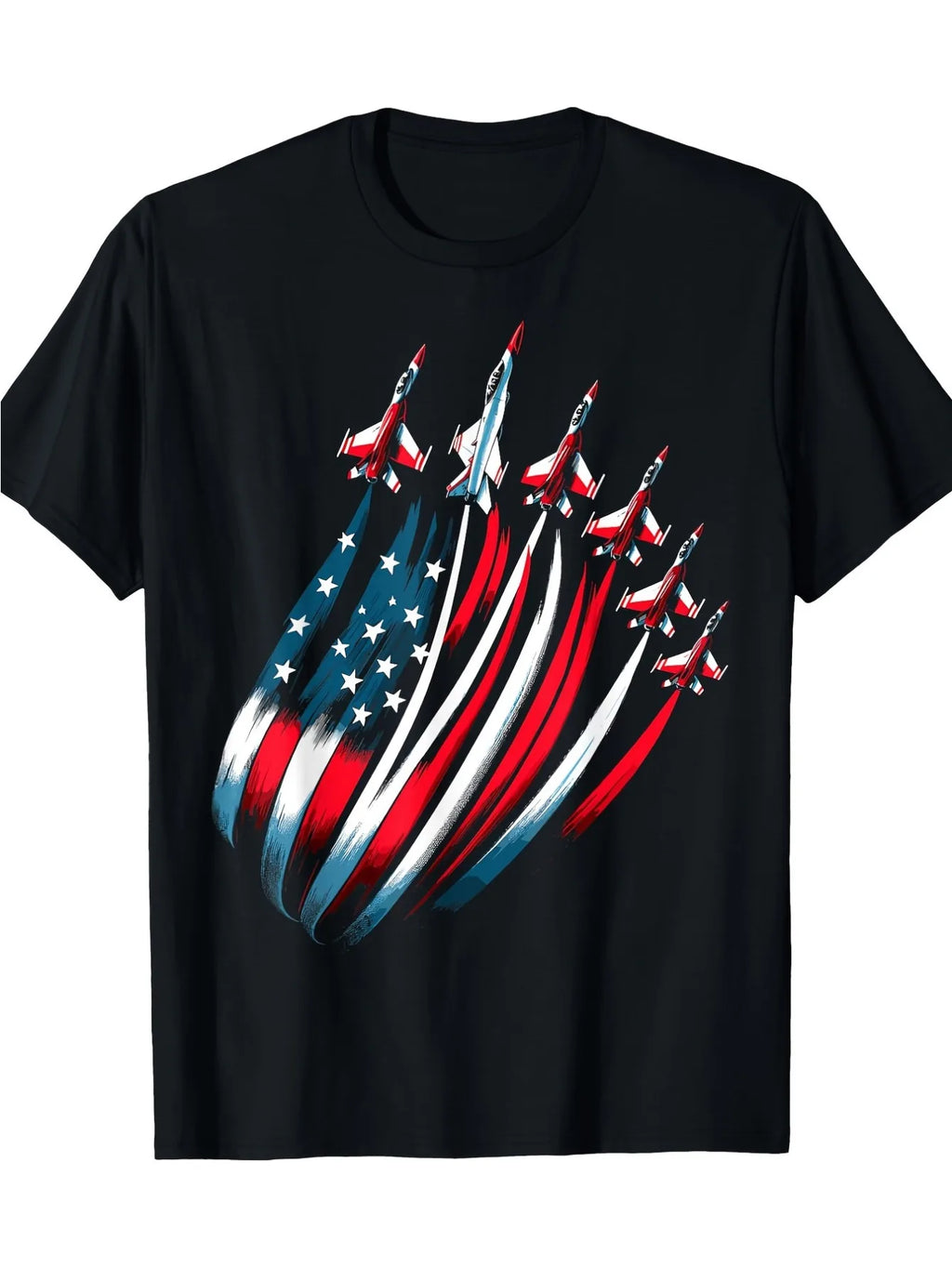 Men's Patriotic USA Flag Fighter Jets 4th of July T-Shirt - 100% Cotton 180gsm Relaxed Fit Casual Tee with Stars