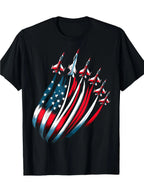 Men's Patriotic USA Flag Fighter Jets 4th of July T-Shirt - 100% Cotton 180gsm Relaxed Fit Casual Tee with Stars