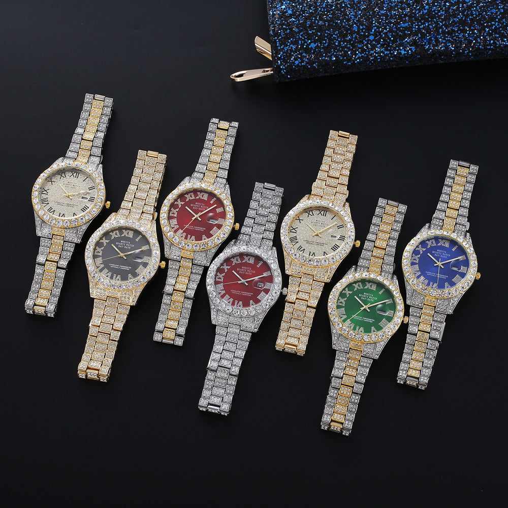 Men&#039;s High-End Full Diamond Cross-Border Steel Band Fashion Rhinestone Calendar Quartz Watch Starry Men&#039;s Watch