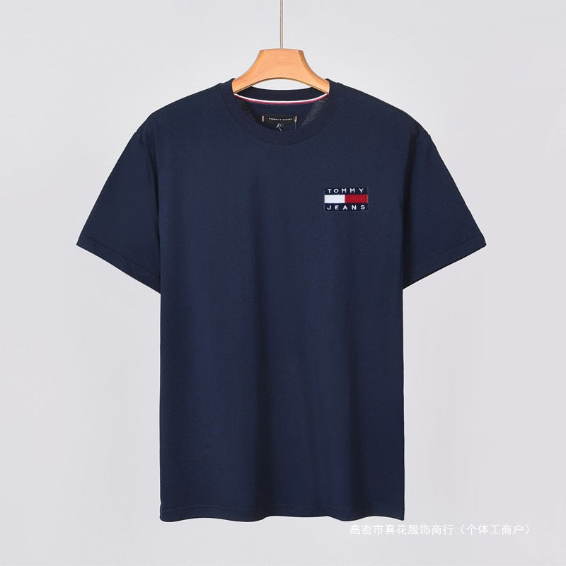 Men&#039;s Short-Sleeve Pure Cotton Round Neck Slim Fit Solid Color Base Shirt With Large Logo Embroidery T-Shirt
