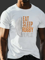 Eat Sleep Rugby Repeat" Men's Casual Tee - Comfy, Lightweight Crew Neck T-Shirt for Summer, Breathable Polyester