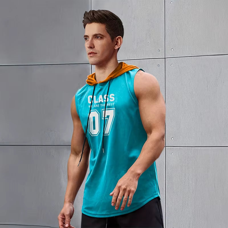 2024 New Men'S Sleeveless Hooded Bottom Shirt Fitness Sports Tops Fashion Casual Loose Hoodie Running Fitness Men'S Tank Top